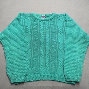 Etchings Sweater Mens XL Green Teal Cable Knit Crewneck Ramie Cotton Pullover‎